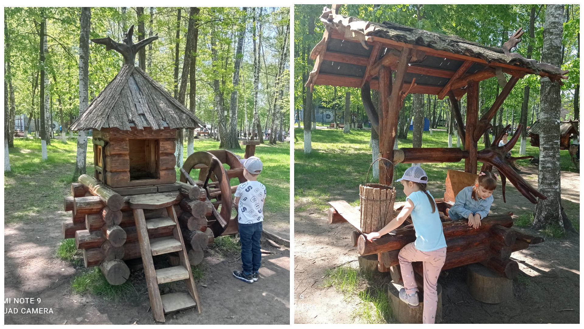 Зона отдыха для детей, деревянные домики в лесу парка, выставка.