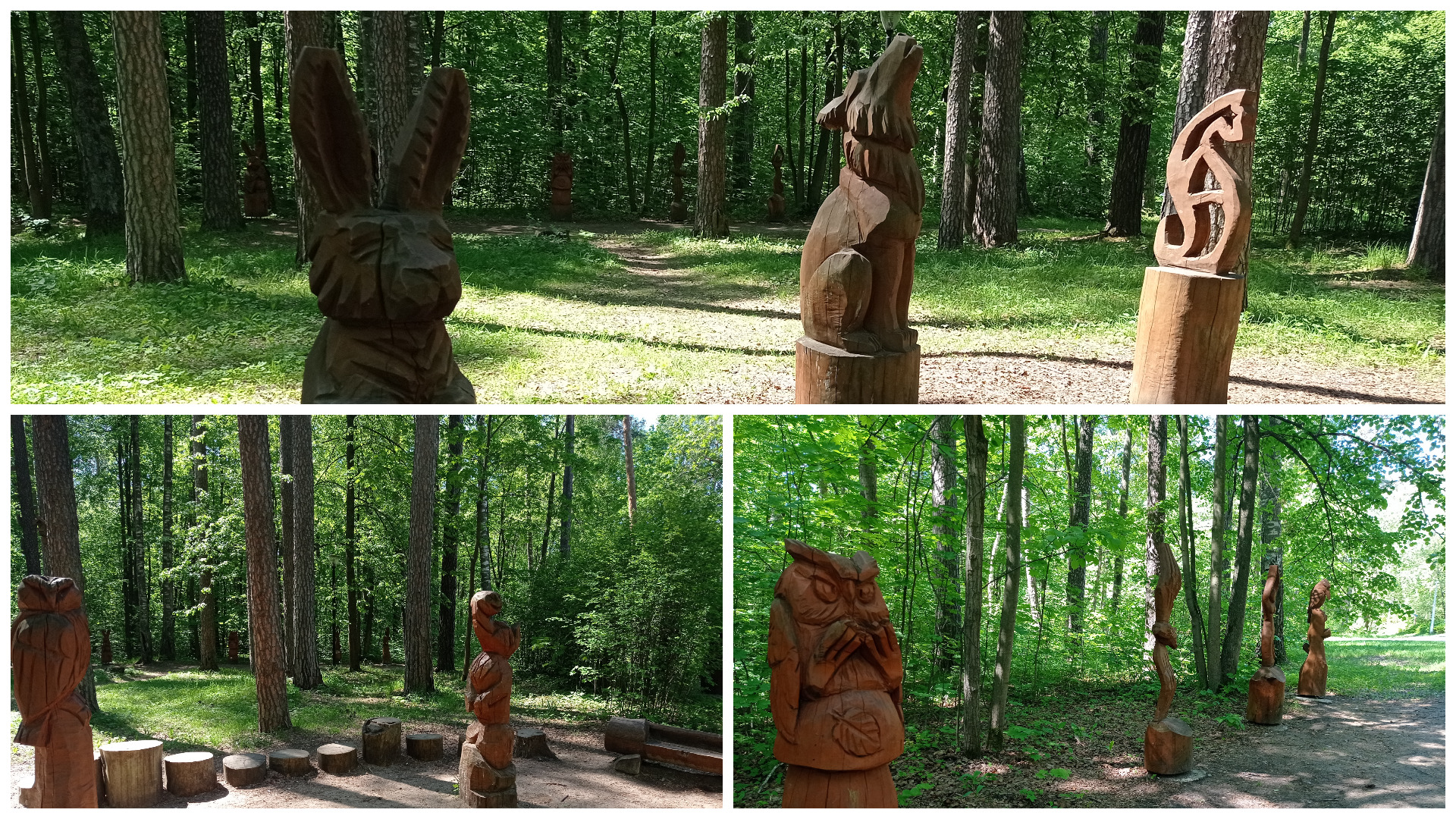 Детская зона отдыха на территории парка, выставка деревянных фигур.